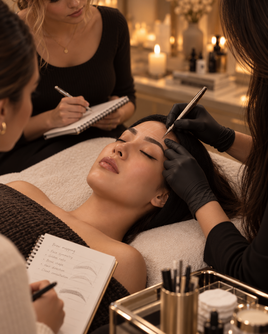 Microblading-Schulung bei MARÉ — Trainerin zeigt Teilnehmerinnen die präzise Härchentechnik am Modell